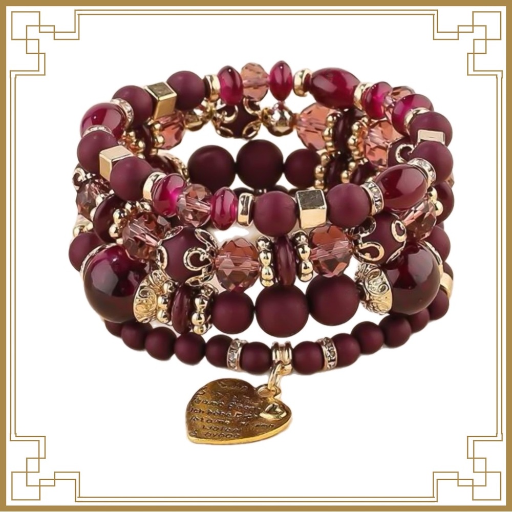 ❀ 2/$20 4PC Chunky Plum & Gold Bohemian Heart Charm Bracelet Set